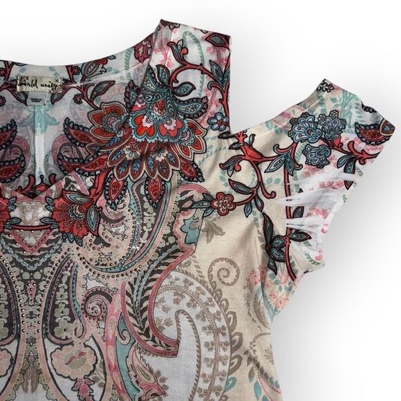 World Unity Cold Shoulder Paisley Print Boho Top Size XL Multi Soft Knit Blouse - Picture 5 of 13